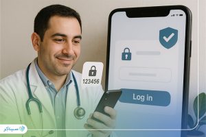 نمایی از پزشک مرد با روپوش سفید و گوشی همراه در حال ورود با کد تأیید OTP به پنل کاربری، با نمایشگر بزرگ ورود در پس‌زمینه