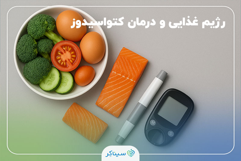 بشقاب حاوی تخم‌مرغ، بروکلی، خیار و گوجه در کنار یک تکه ماهی سالمون، دستگاه اندازه‌گیری قند خون و قلم انسولین روی زمینه خاکستری، نمادی از تغذیه و مدیریت دیابت در کتواسیدوز دیابتی (DKA)